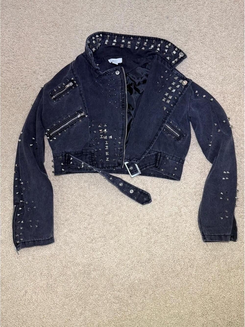 Forever 21 Studded Moto Denim Jacket Women’s Medium Black Punk Gothic - SIZE M